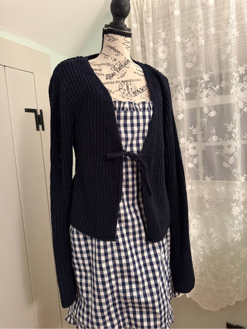 J. Crew Navy and White Gingham Ruffle-Strap Dress